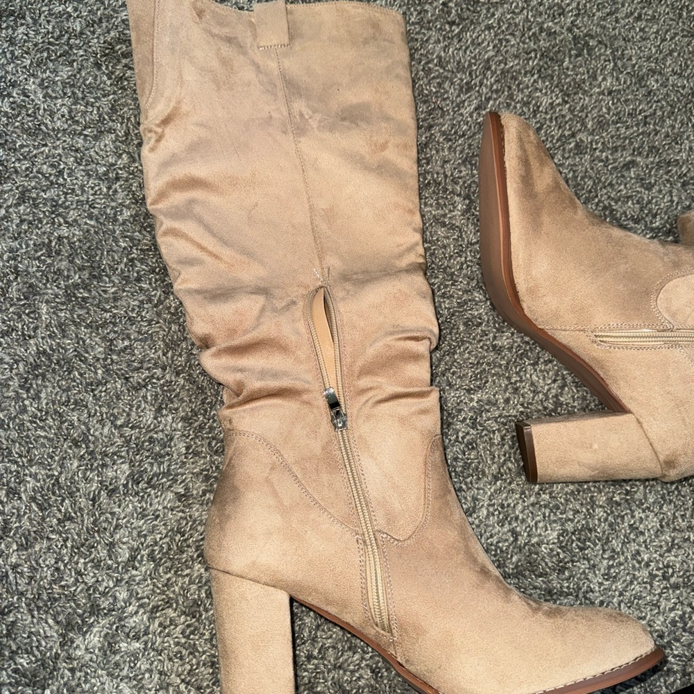Tan Suede Knee-High Block Heel Boots